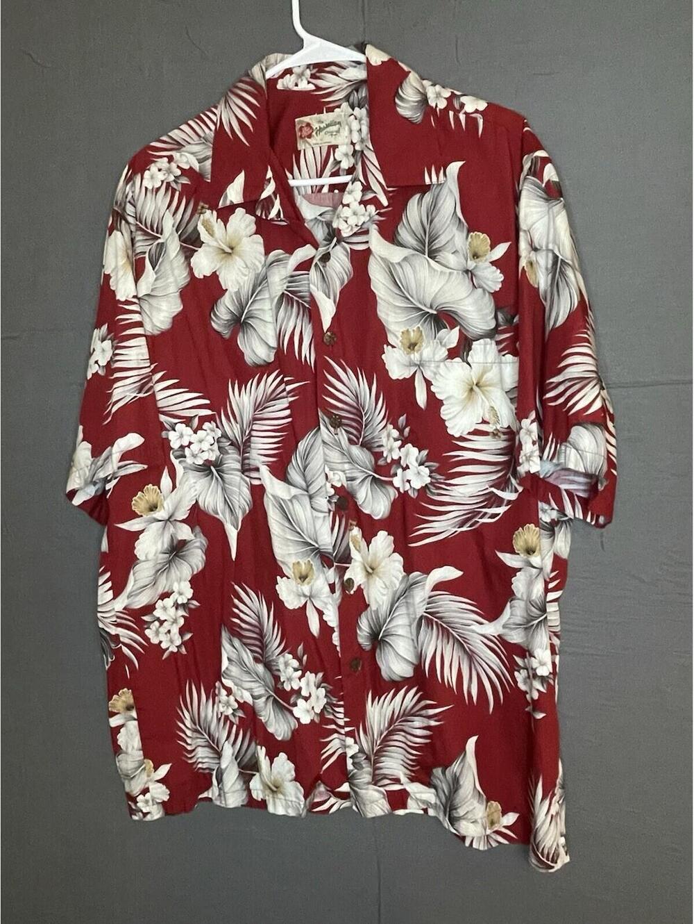 Hilo Hattie Hawaiian Shirt Mens XL Red White Hibiscus Floral Made In Hawaii